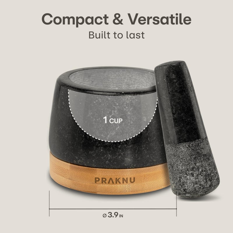 Praknu Mortar and Pestle Set Small - Heavy-Duty 1 Cup Stone Grinder for Spices & Herbs - Durable Granite Molcajete - Guacamole Bowl with Non-Slip Wooden Base - Effortless Grinding & Easy to Clean - Image 4