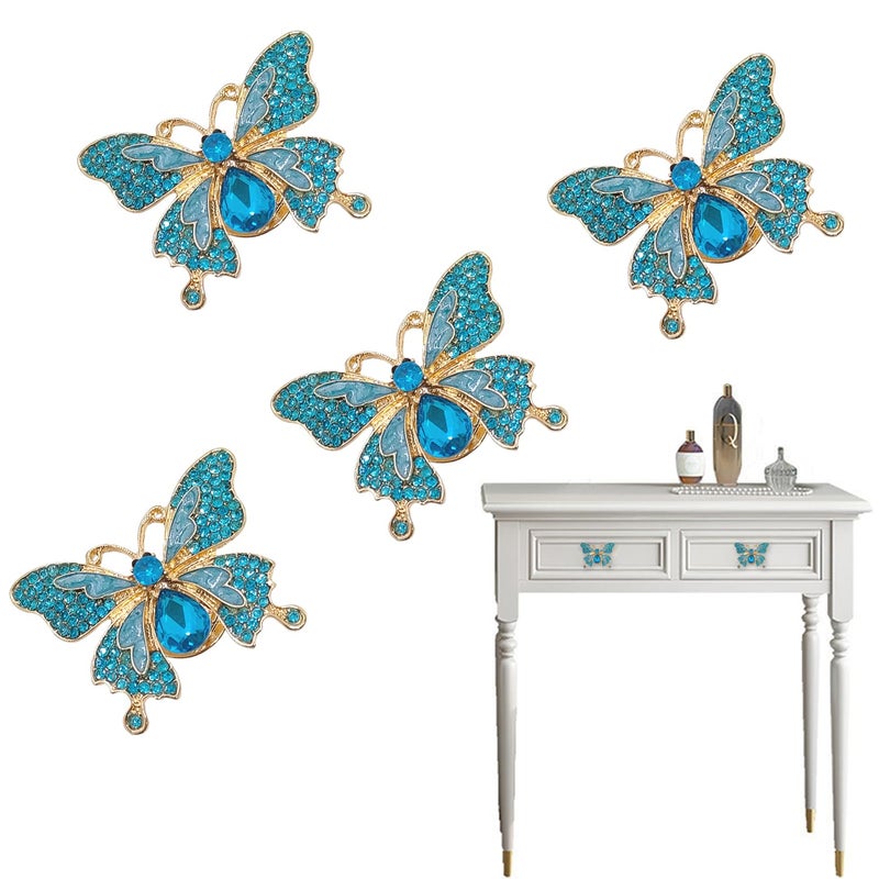 LLDYNW 4 pcs Butterfly Handle Creative Cabinet Drawer Wardrobe Dresser Zinc Alloy Knob Furniture Door Single Hole Handle Door Handle Blue Rhinestones