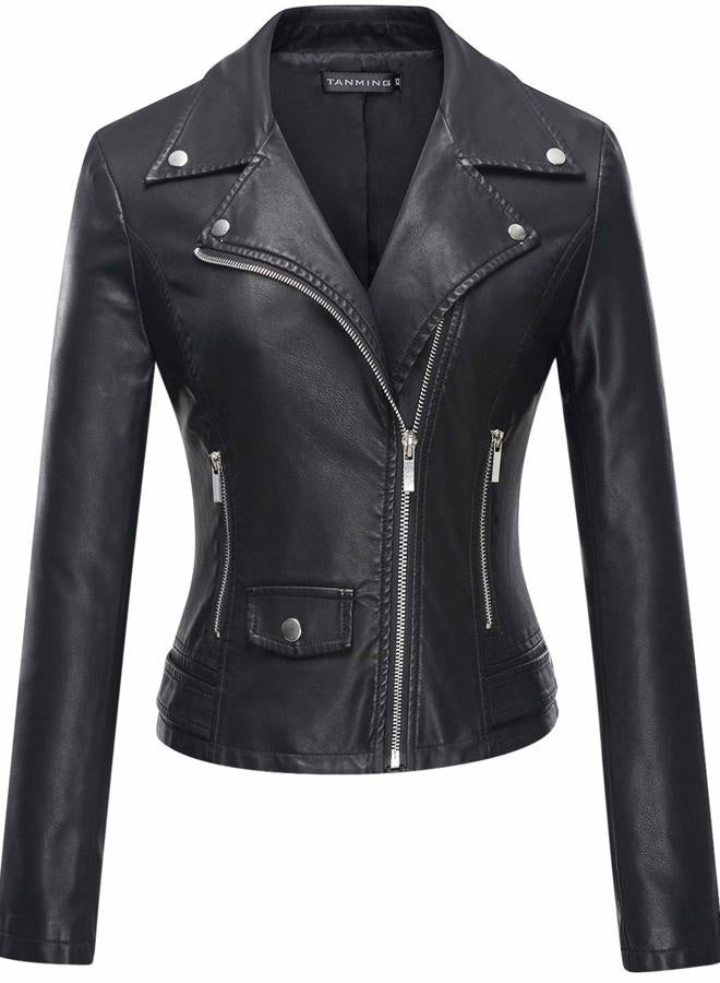 Tanming Women's Faux Leather Moto Biker Short Coat Jacket, A Black, S - Image 1