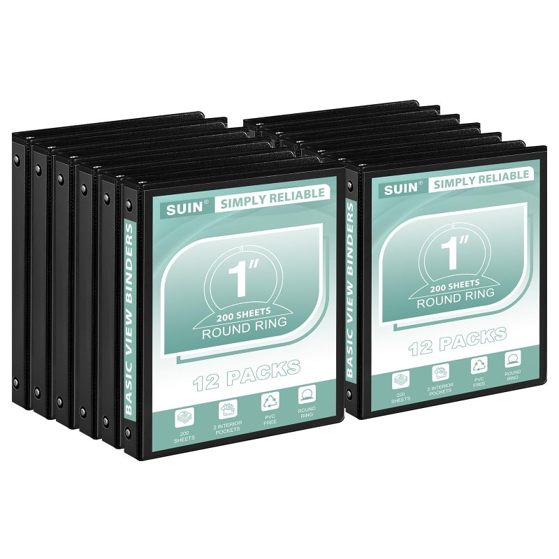 SUIN Economy 1-Inch 3-Ring-Binder, Round Ring Binder, Customizable Clear View Cover, 1'' Binders for Office/School (Black-12 Pack) - Image 1