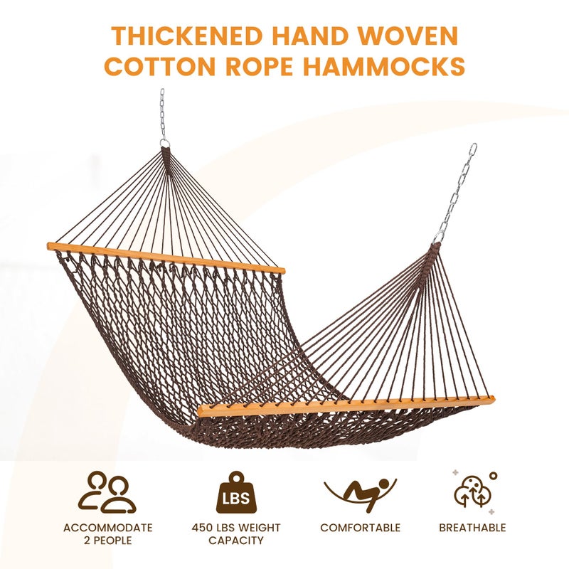 Lazy Daze Hammocks Double Rope Hammock, 2 Person Traditional Outdoor Hand Woven Cotton Rope Hammock with Spreader Bar, Carabiners, Tree Straps, Chains for Patio Yard - Max 450 Lbs, Dark Brown - Image 2