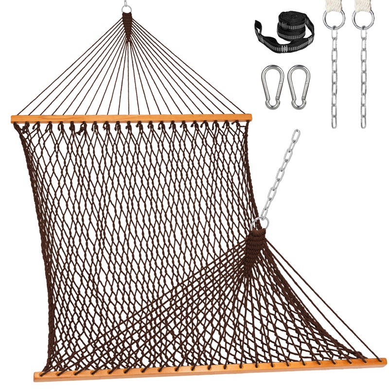Lazy Daze Hammocks Double Rope Hammock, 2 Person Traditional Outdoor Hand Woven Cotton Rope Hammock with Spreader Bar, Carabiners, Tree Straps, Chains for Patio Yard - Max 450 Lbs, Dark Brown - Image 1
