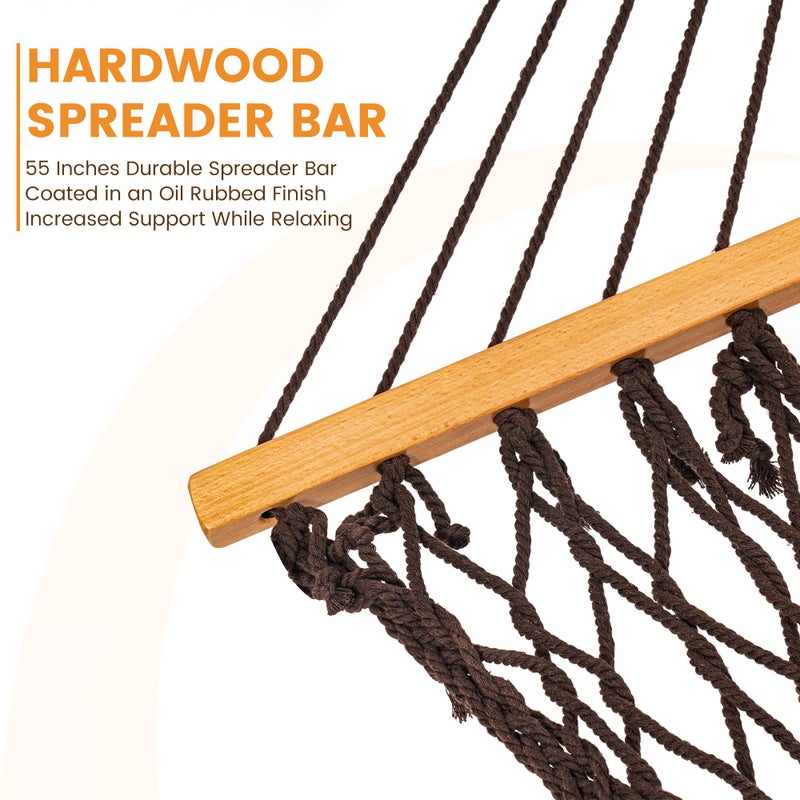 Lazy Daze Hammocks Double Rope Hammock, 2 Person Traditional Outdoor Hand Woven Cotton Rope Hammock with Spreader Bar, Carabiners, Tree Straps, Chains for Patio Yard - Max 450 Lbs, Dark Brown - Image 5