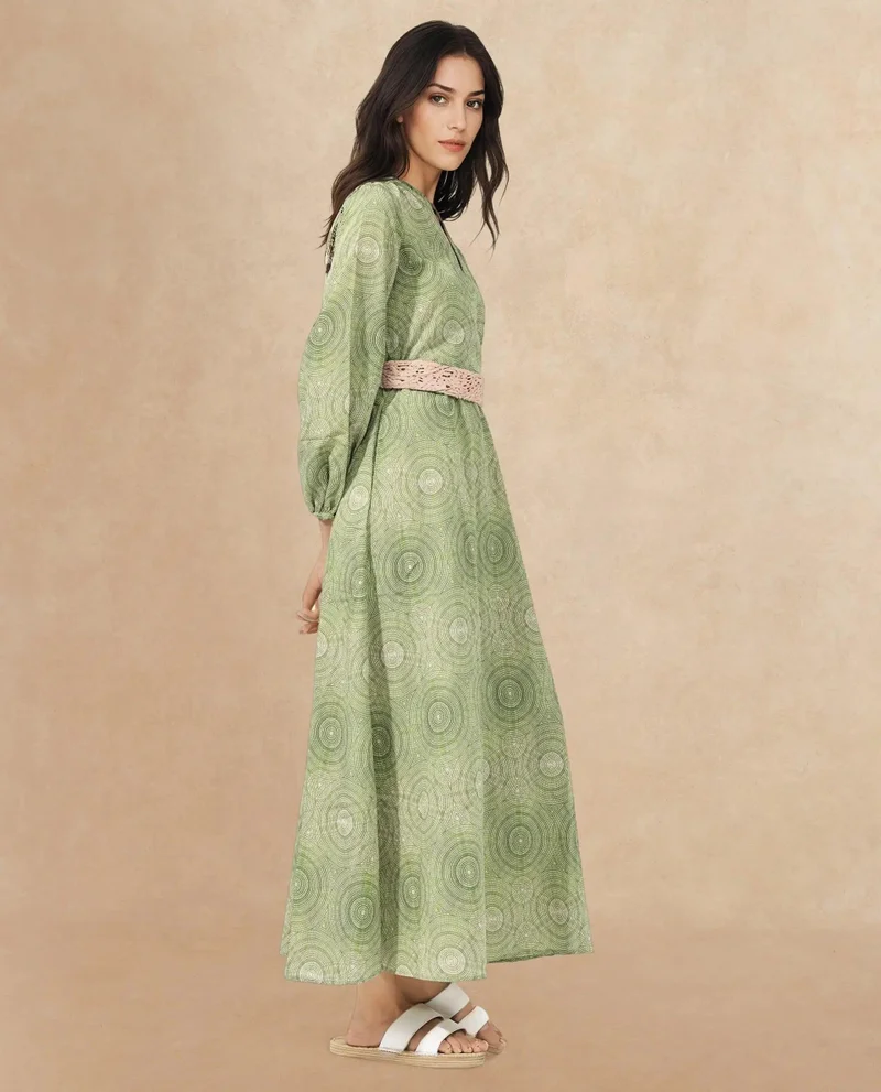 Rareism Women's Printed Maxi Dress With Full Sleeves And Macrame Belt