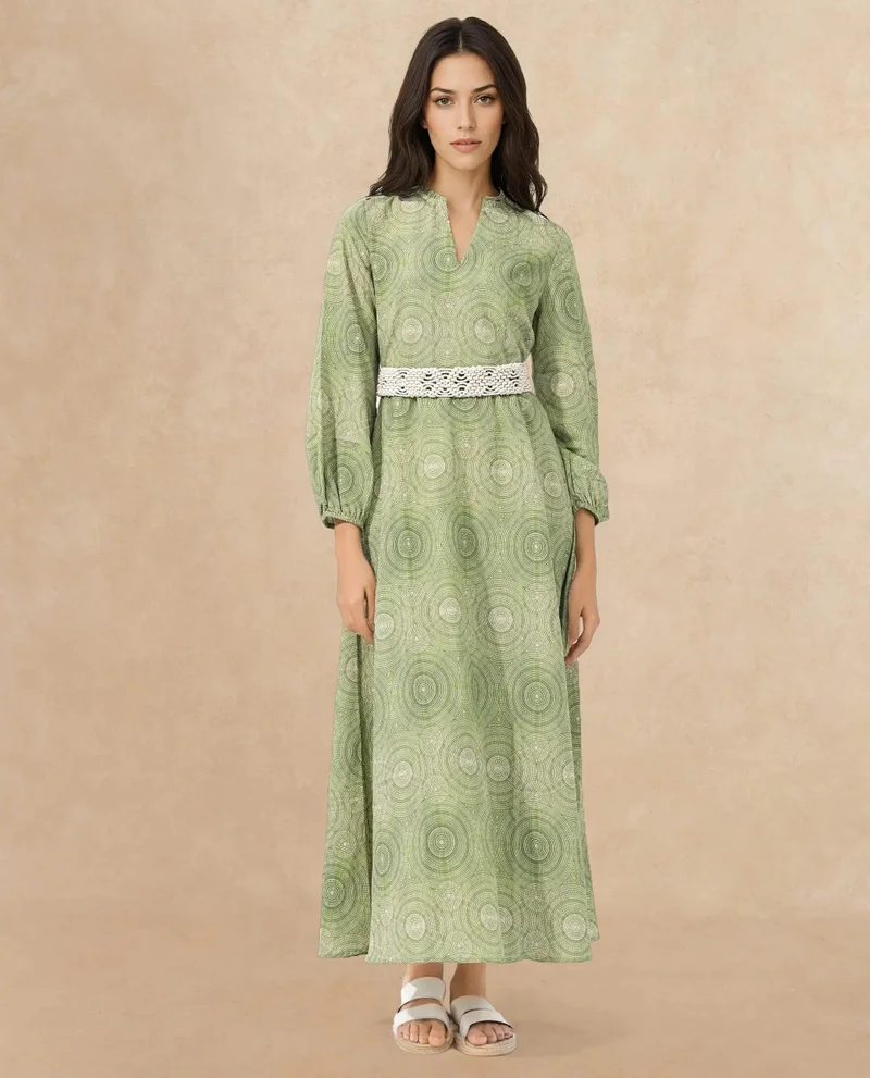 Rareism Women's Printed Maxi Dress With Full Sleeves And Macrame Belt