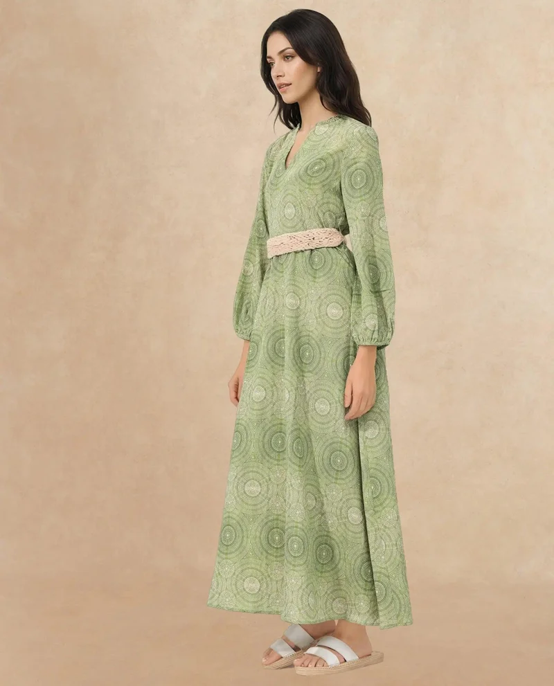 Rareism Women's Printed Maxi Dress With Full Sleeves And Macrame Belt