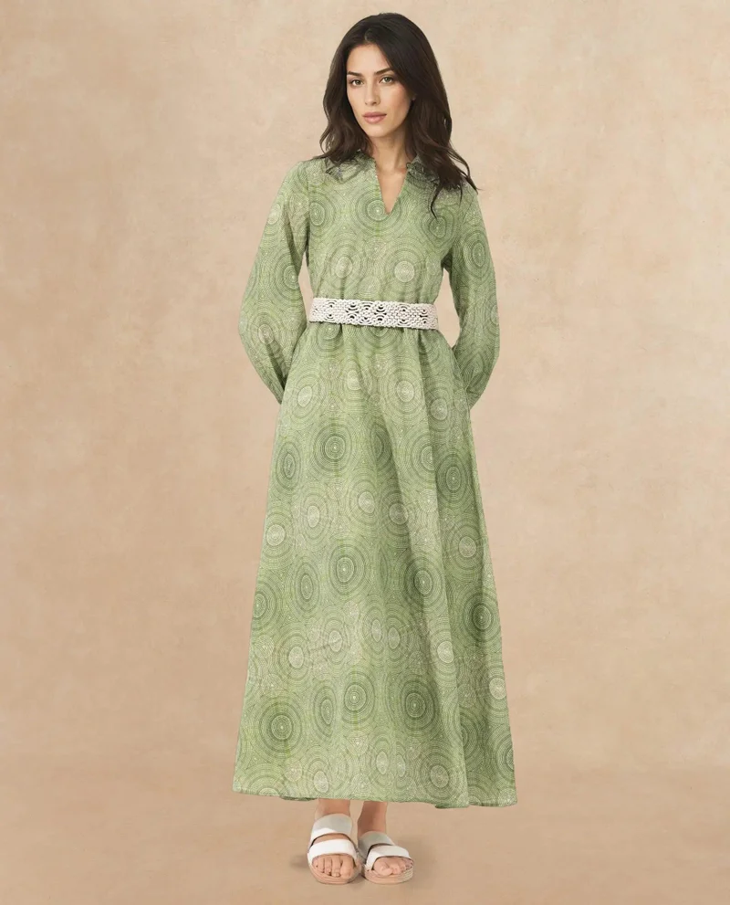 ريريزم Women's Printed Maxi Dress With Full Sleeves And Macrame Belt