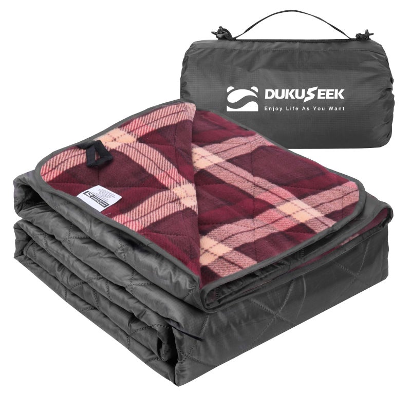 DUKUSEEK Large Camping Blanket  Waterproof Quilted Extra Thick Fleece Warm Windproof Wearable Includes Foldable Hood and Stuff Sack for Car Outdoor Sports Picnics Stadiums Dogs