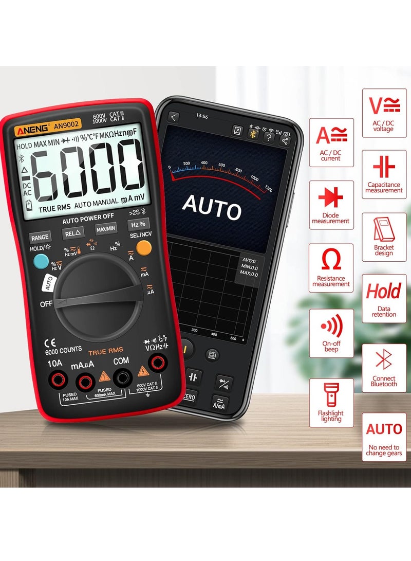 أنينج مقياس متعدد Bluetooth TRMS بنطاق تلقائي 6000 عد، AC/DC، مقاومة، استمرارية، سعة، صمامات، درجة حرارة، مقياس جهد السيارة - Image 3