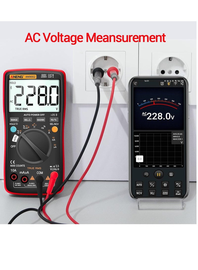 أنينج مقياس متعدد Bluetooth TRMS بنطاق تلقائي 6000 عد، AC/DC، مقاومة، استمرارية، سعة، صمامات، درجة حرارة، مقياس جهد السيارة - Image 5