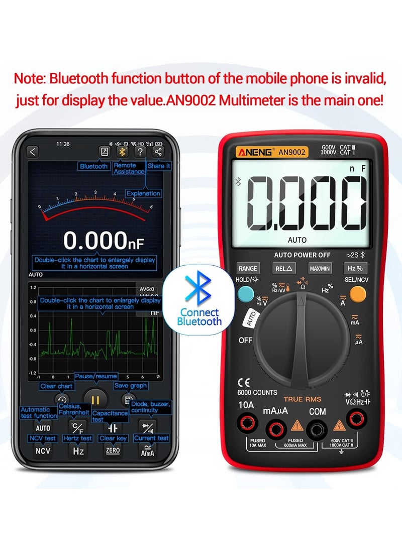 أنينج مقياس متعدد Bluetooth TRMS بنطاق تلقائي 6000 عد، AC/DC، مقاومة، استمرارية، سعة، صمامات، درجة حرارة، مقياس جهد السيارة - Image 2