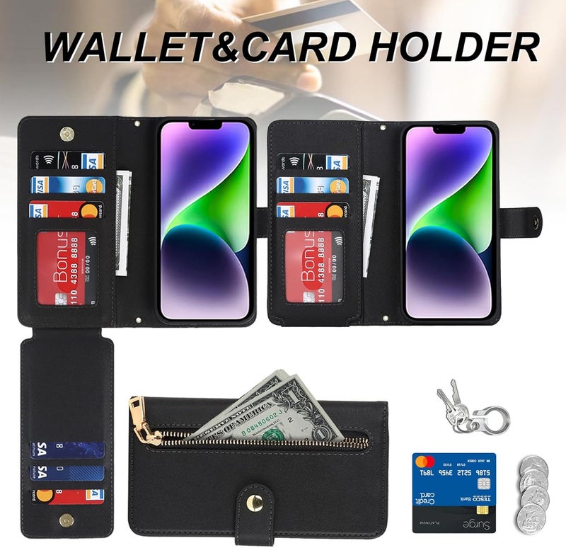 Wallet Case for iPhone 16 Pro Max/16 Pro/16 Plus/16,All-Inclusive Protection Zipper Leather Phone Case with Large Space Card Slots Flip Kickstand Cover (16 ProMax,Black) - Image 2