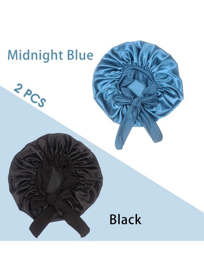 Hanbertti 2 Pack Silk Satin Hair Bonnet Sleeping Hat with Tie Band Bonnets Adjustable Bonnet for Curly Hair Sleep Adult Women（Black+Midnight Blue） - Image 3