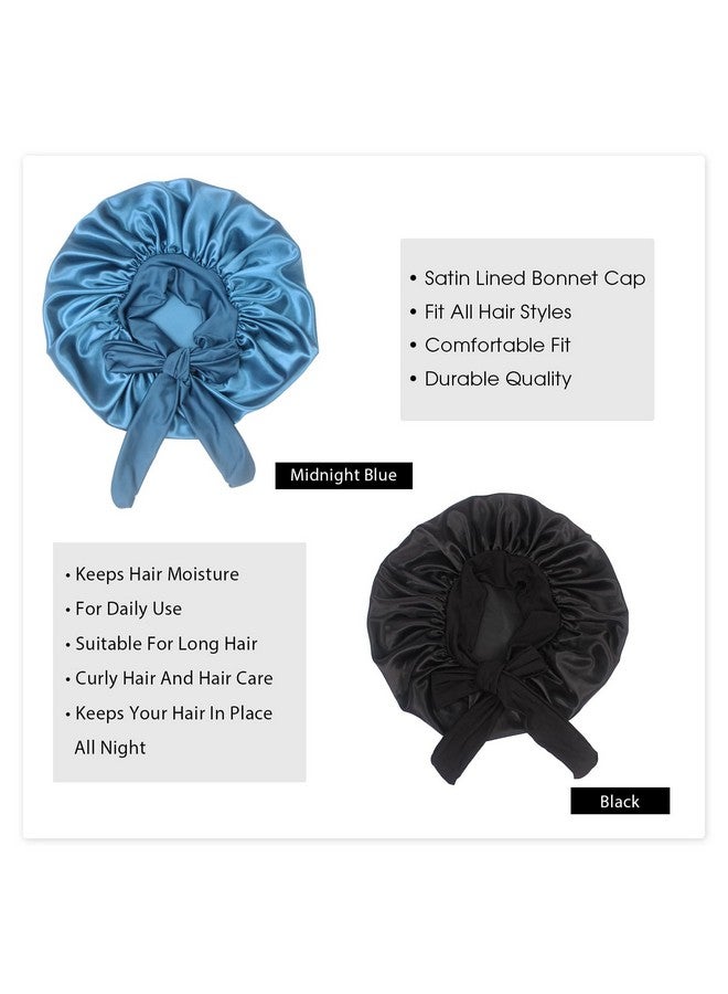 Hanbertti 2 Pack Silk Satin Hair Bonnet Sleeping Hat with Tie Band Bonnets Adjustable Bonnet for Curly Hair Sleep Adult Women（Black+Midnight Blue） - Image 4