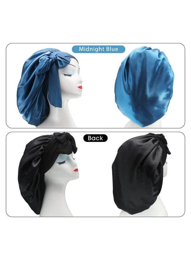 Hanbertti 2 Pack Silk Satin Hair Bonnet Sleeping Hat with Tie Band Bonnets Adjustable Bonnet for Curly Hair Sleep Adult Women（Black+Midnight Blue） - Image 2