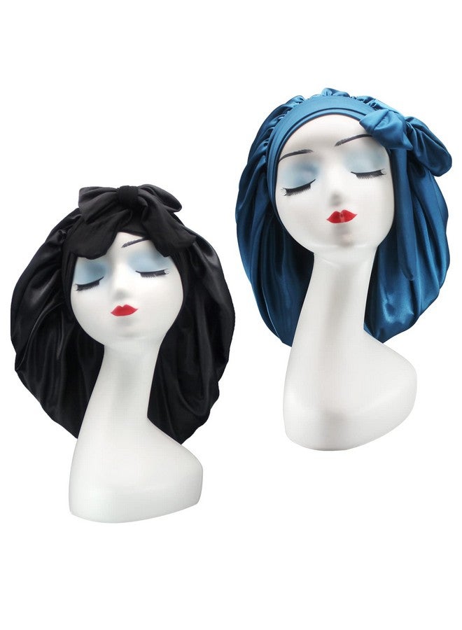 Hanbertti 2 Pack Silk Satin Hair Bonnet Sleeping Hat with Tie Band Bonnets Adjustable Bonnet for Curly Hair Sleep Adult Women（Black+Midnight Blue） - Image 1