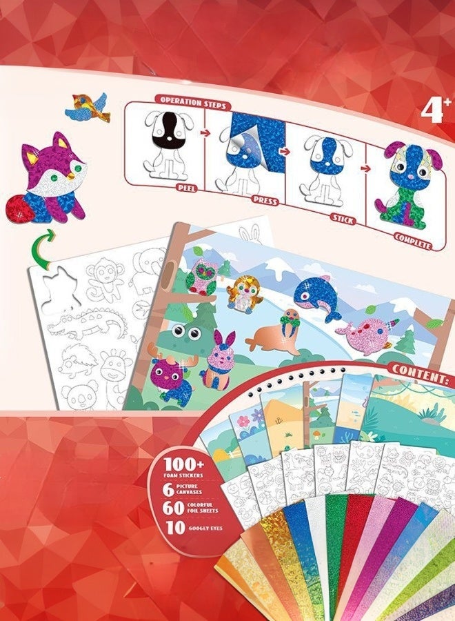 tangs Animal DIY Foil Art Scrapbook Kit for Kids - 6 Canvases, 60+ Stickers, 60+ Color Foils, Gift Box, Creative Craft Activity for Children - Image 2