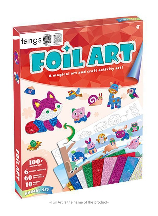 tangs Animal DIY Foil Art Scrapbook Kit for Kids - 6 Canvases, 60+ Stickers, 60+ Color Foils, Gift Box, Creative Craft Activity for Children - Image 1