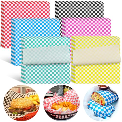 Ninsula Deli Paper Sheets 126P, 11.5x11.5 In Checkered Sandwich Paper Wraps, 6 Colors Basket Liners For Food Serving, Grease Resistant Burger Wrappers for BBQ, Picnic, Party - Image 1