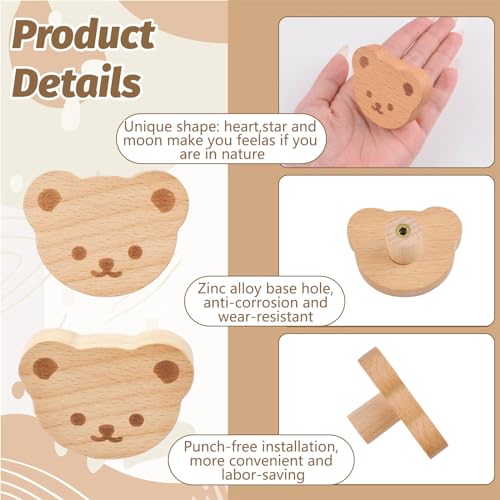 MOROBOR 6PCS Bear Shaped Wooden Knobs Single Hole Beech Wood Handles Wood Cupboard Cabinet Handles Knobs for Chest of Drawers with Screws& Expansion Tube - Image 4