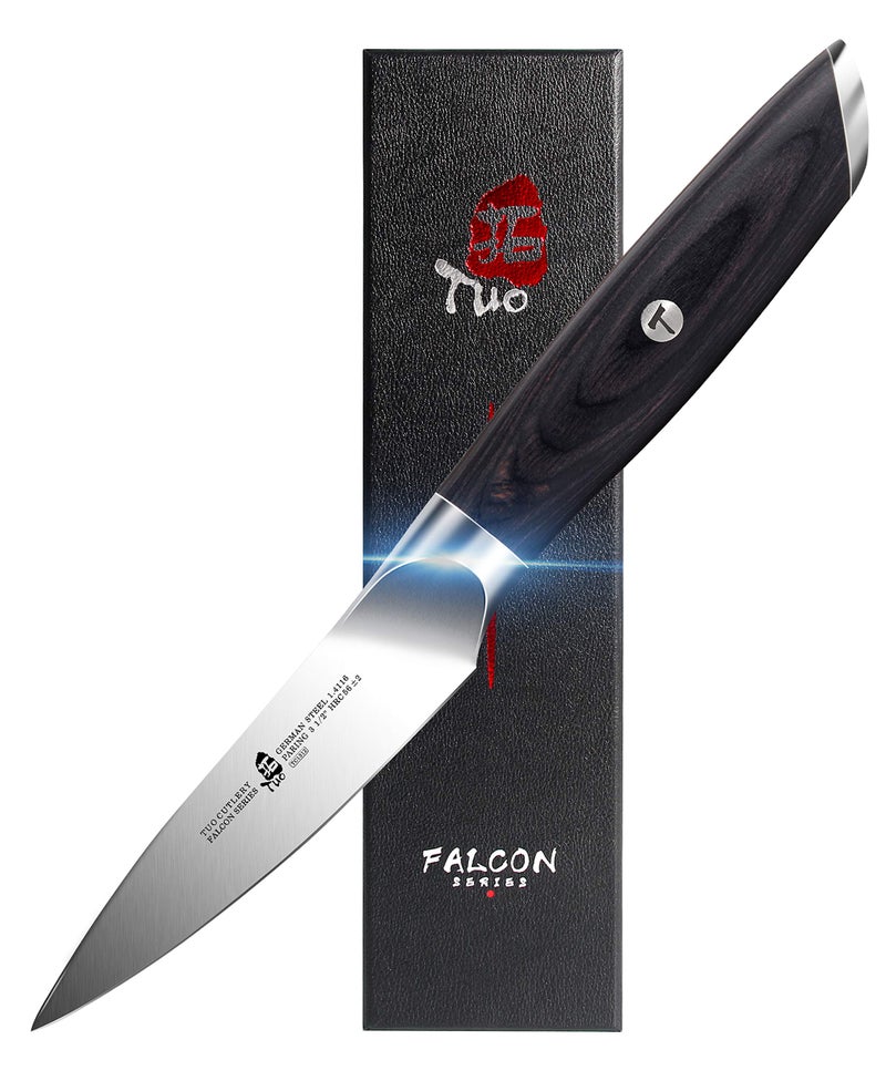 TUO Fruit Paring Knife Peeling Knife 35 inch  German HC Steel  Full Tang Pakkawood Handle  Falcon Series with Gift Box