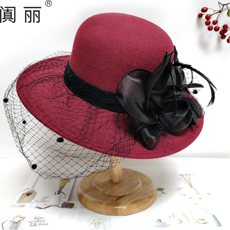 Hepburn Style Large Brim Woolen Hat British Retro Felt Hat Mysterious Mesh Flower Banquet Hat - Image 1