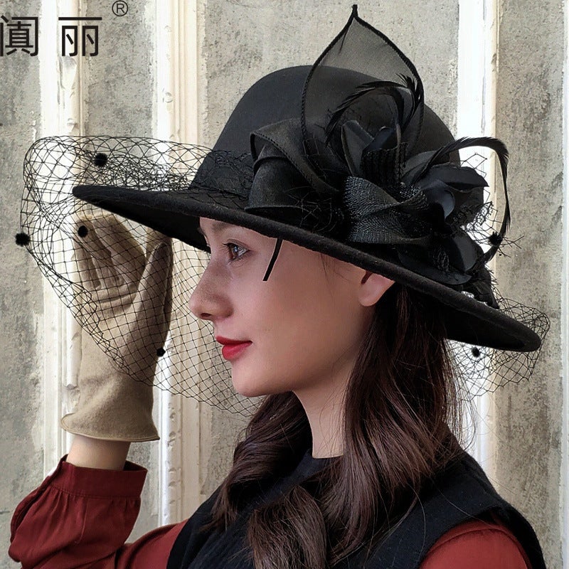 Hepburn Style Large Brim Woolen Hat British Retro Felt Hat Mysterious Mesh Flower Banquet Hat - Image 4