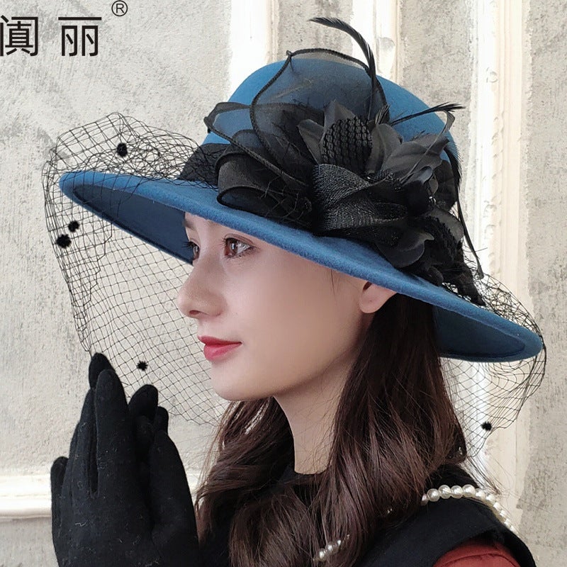 Hepburn Style Large Brim Woolen Hat British Retro Felt Hat Mysterious Mesh Flower Banquet Hat - Image 2
