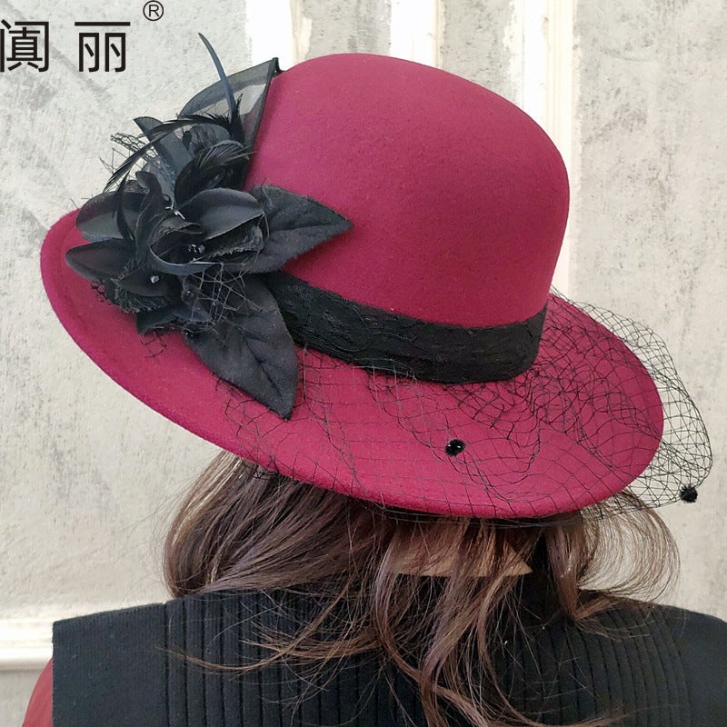 Hepburn Style Large Brim Woolen Hat British Retro Felt Hat Mysterious Mesh Flower Banquet Hat - Image 5