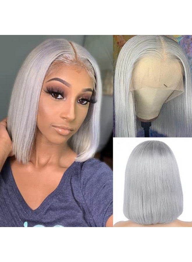 Smartinnov Grey Bob Wigs Human Hair T Part Lace Front Wigs 13X1X4 Middle Part Brazilian Remy Hair Straight For Women 8 Inch Pre Plucked Natural Hairline 180% Density Grey Frontal Short Bob Wigs - Image 2