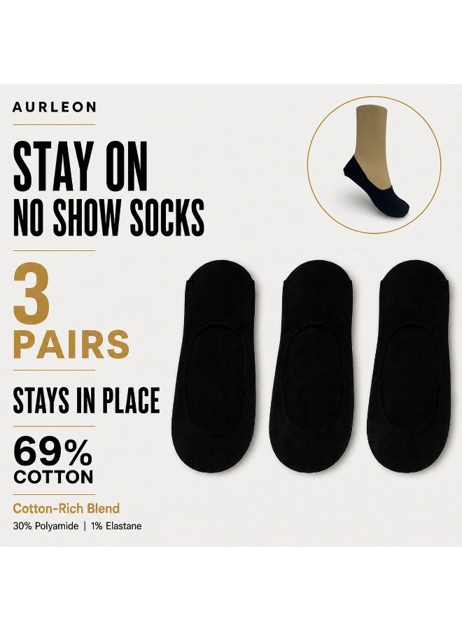 Aurleon Stay-On Cotton No-Show Liner Socks – 3 Pack – Silicone Heel Grip - Image 1