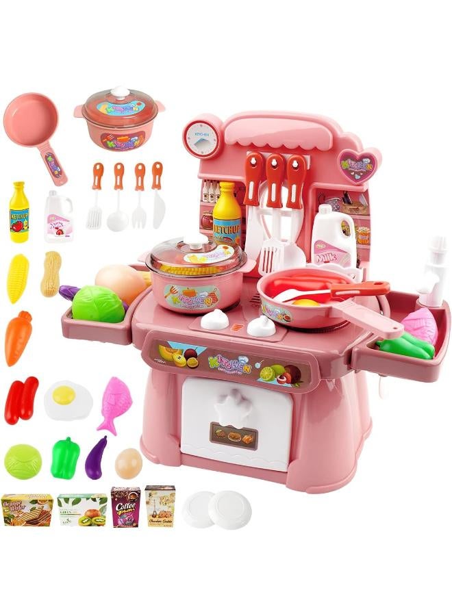 HaiLeTao Kitchen Toys Imitated Chef Light Music Pretend Cooking Food Play Dinnerware Set Safe Cute Children Girl Toy Gift Fun Game Toy Kitchen Sink with Running Water and Electronic Induction Stove