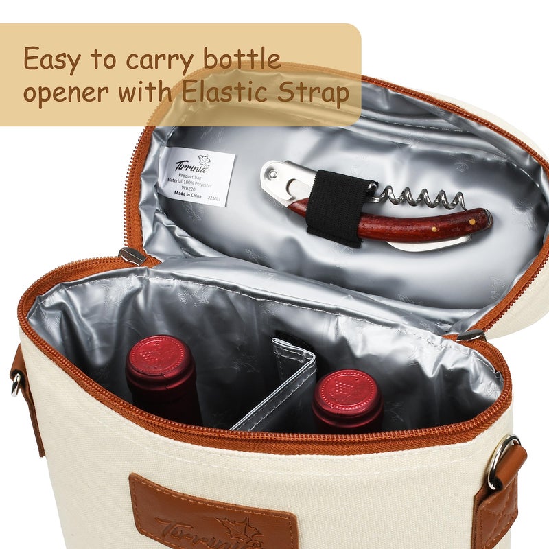 Tirrinia 2 Bottle Wine Gift Tote Carrier - Leakproof & Insulated Padded Versatile Wine Cooler Bag for Travel, BYOB Restaurant, Wine Tasting, Party, Dinner,Gift for Wine Lovers, Beige - Image 3