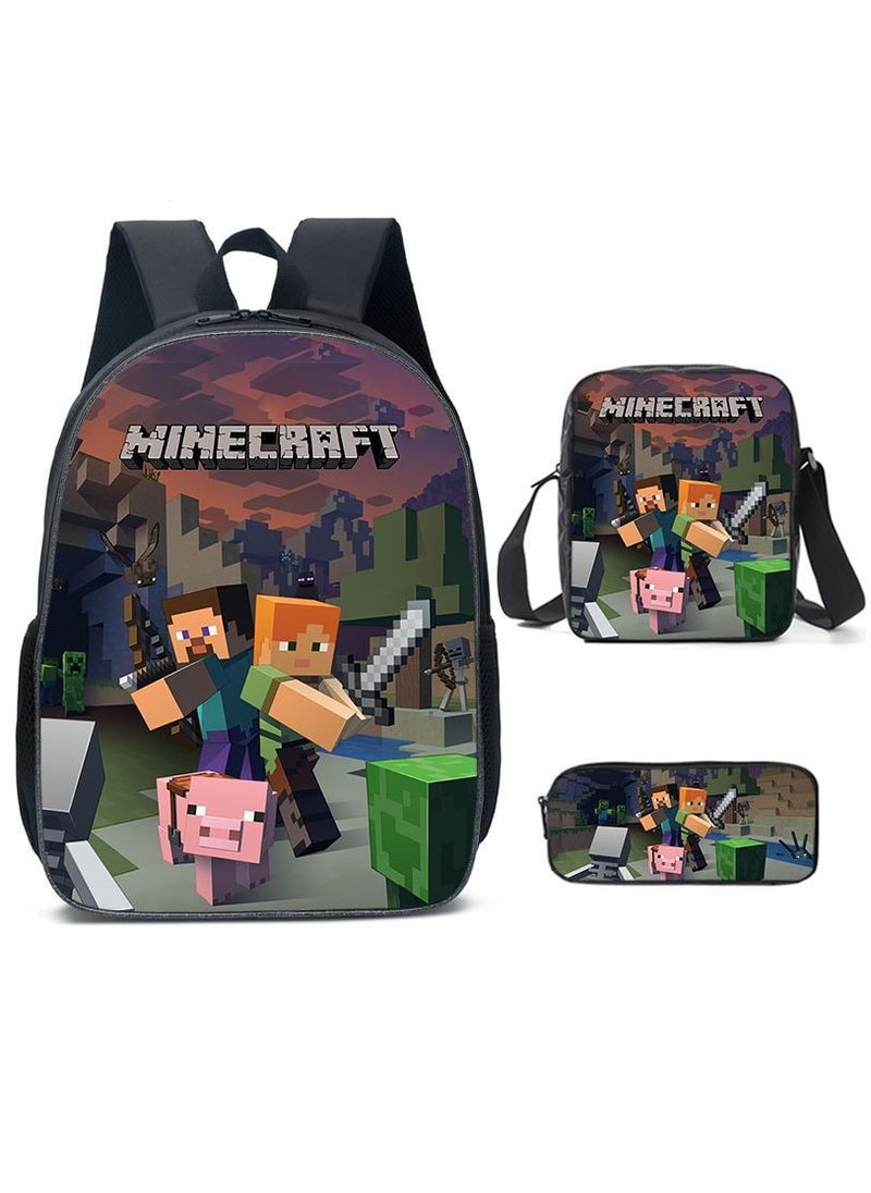 MINECRAFT Digital Printing Large Capacity Backpack Three piece Set Lunch Bag Pen Bag Polyester Comfortable Load Reducing Backpack for Students and Children Unisex  - Image 1