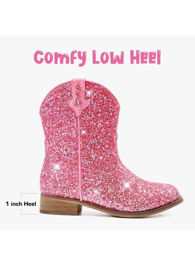 Motasha Toddler Girls Cowgirl Boots Glitter Toddler Cowboy Boot Ankle Girls Boots Little Kids Horse Riding Shoes Party Birthday, Pink Glitter, 5 Toddler - Image 5