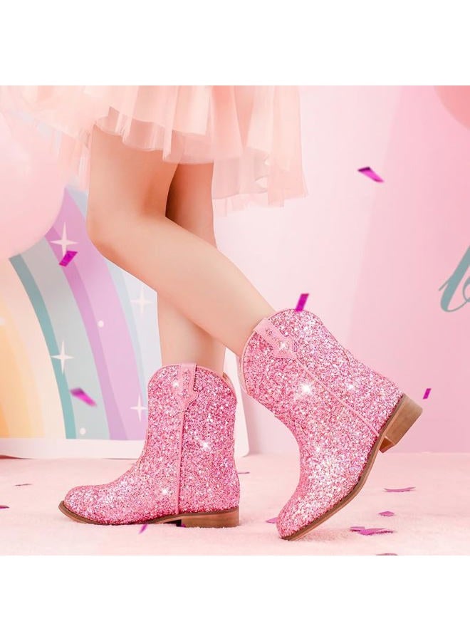 Motasha Toddler Girls Cowgirl Boots Glitter Toddler Cowboy Boot Ankle Girls Boots Little Kids Horse Riding Shoes Party Birthday, Pink Glitter, 5 Toddler - Image 2