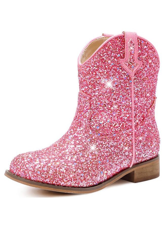 Motasha Toddler Girls Cowgirl Boots Glitter Toddler Cowboy Boot Ankle Girls Boots Little Kids Horse Riding Shoes Party Birthday, Pink Glitter, 5 Toddler - Image 1
