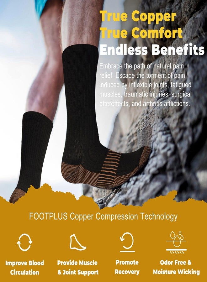 FOOTPLUS 3 Pairs Copper Hiking Running Socks,Breathable Thick Cushioned Sole Arch Compression Crew Basketball Climbing Camping Backpacking Camping Socks,Black Gold,Large - Image 2