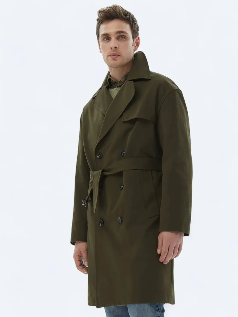 Kip Khaki Oversize Fit Double Breasted Collar Casual Weaving Rain Coat