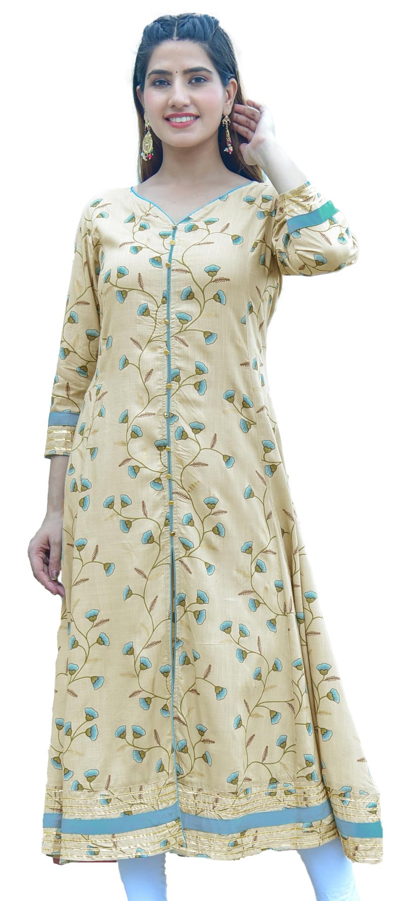 Yash Gallery Women Rayon Regular Fit Floral Printed Anarkali Kurta (1332YKKHAKI_Khaki_X-Large) - Image 1