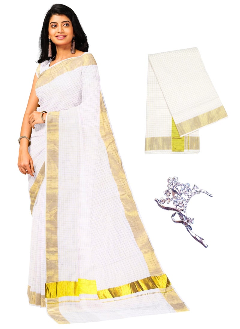 NandaVanam Women's Kerala Cotton Kasavu Saree | Kasavu Sarees | Onam Cotton Saree | Kerala Plain Kasavu Tissue Saree - With Blouse - Image 1