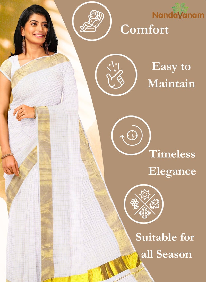 NandaVanam Women's Kerala Cotton Kasavu Saree | Kasavu Sarees | Onam Cotton Saree | Kerala Plain Kasavu Tissue Saree - With Blouse - Image 4