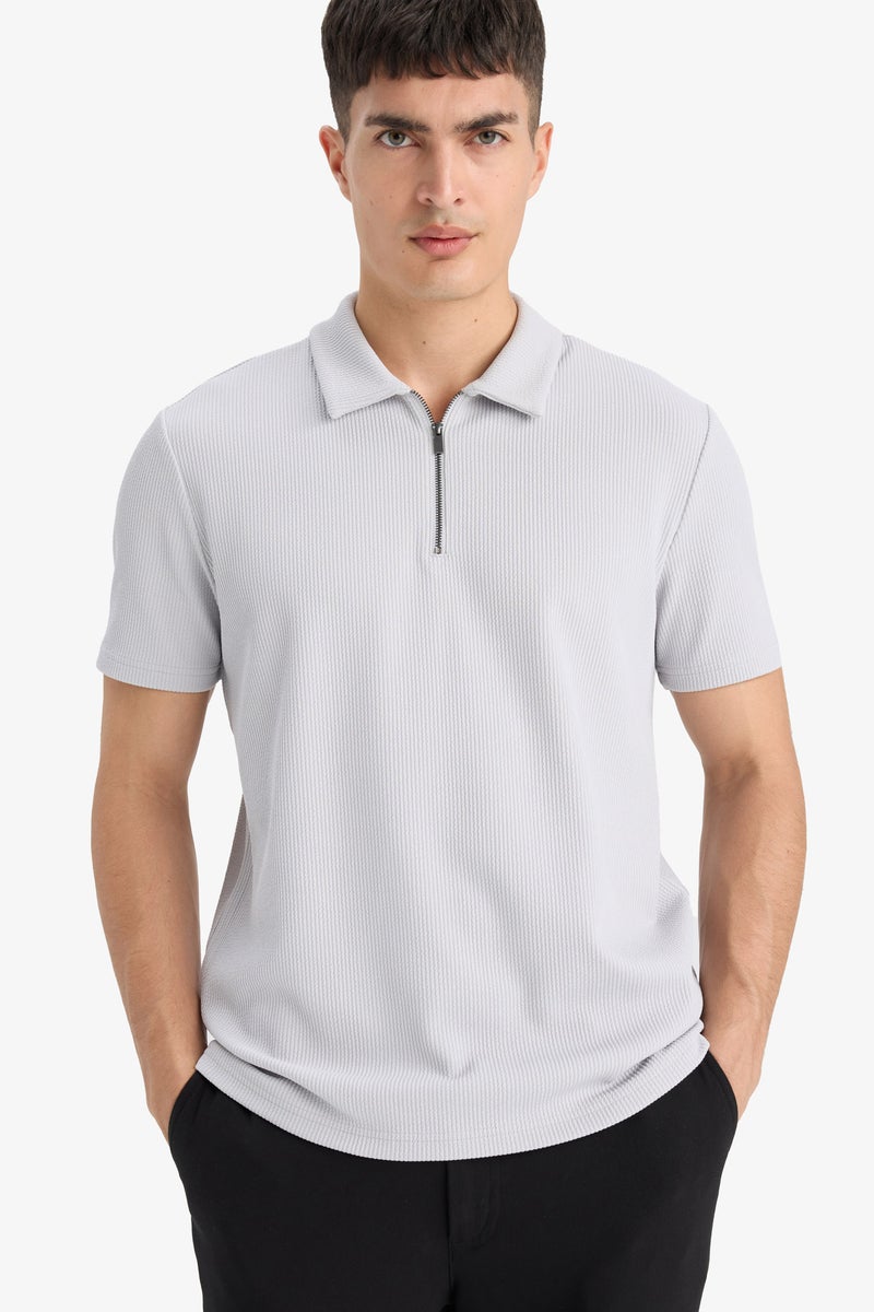 DeFacto Grey Man Regular Fit Half Zip Pleated Polo T-Shirt Casual - Image 1
