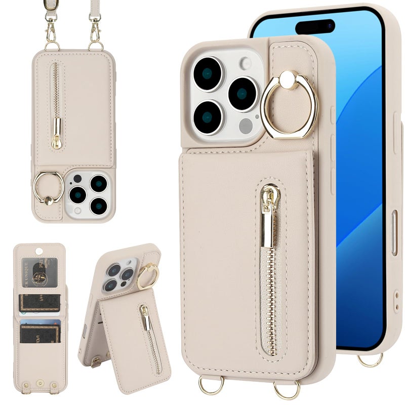 Jcxtrombulous Crossbody Wallet Case for iPhone 13 Pro Max with Lanyard Strap Card Slot Holder RFID Blocking 360Â°Ring Kickstand,Magnetic Flip Folio Zipper Purse Case, PU Leather Cover Handbag,Beige - Image 1