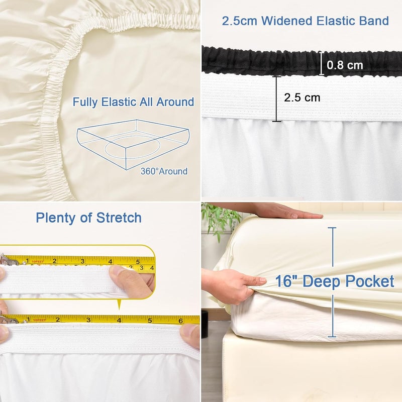 PHF شريحة سرير مريحة مصنوعة من 100% رايون مستخرج من الخيزران بحجم كوين (150 سم × 200 سم)، عمق 40 سم، جيب عميق، مطاط قوي بعرض 2.5 سم، ناعمة كالحرير، كريمي - Image 5
