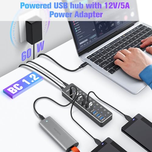 Rshtech Powered USB Hub, RSHTECH 10-Port USB 3.2/USB C Hub 60W with 10Gbps USB-A 3.2, 2 USB-C 3.2, 7 USB 3.0 Ports, Individual Touch Switches and 3.3ft Cable, Hybrid USB Splitter for Laptop/PC, RSH-ST10C - Image 4