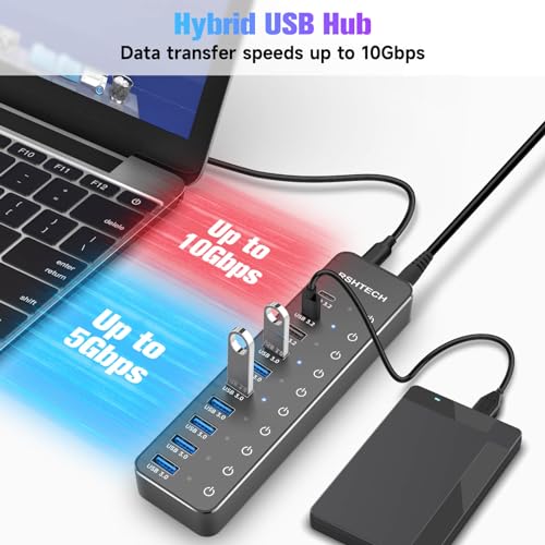 Rshtech Powered USB Hub, RSHTECH 10-Port USB 3.2/USB C Hub 60W with 10Gbps USB-A 3.2, 2 USB-C 3.2, 7 USB 3.0 Ports, Individual Touch Switches and 3.3ft Cable, Hybrid USB Splitter for Laptop/PC, RSH-ST10C - Image 3