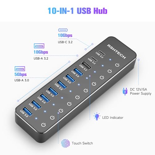 Rshtech Powered USB Hub, RSHTECH 10-Port USB 3.2/USB C Hub 60W with 10Gbps USB-A 3.2, 2 USB-C 3.2, 7 USB 3.0 Ports, Individual Touch Switches and 3.3ft Cable, Hybrid USB Splitter for Laptop/PC, RSH-ST10C - Image 2