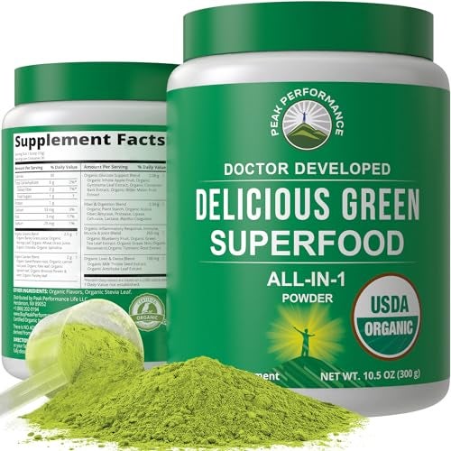Peak Performance Organic Greens Superfood Powder Best Tasting Super Greens Powder with 25 Organic Ingredients for Max Energy and Athletic Performance Vegan Keto Green Juice Daily Drink