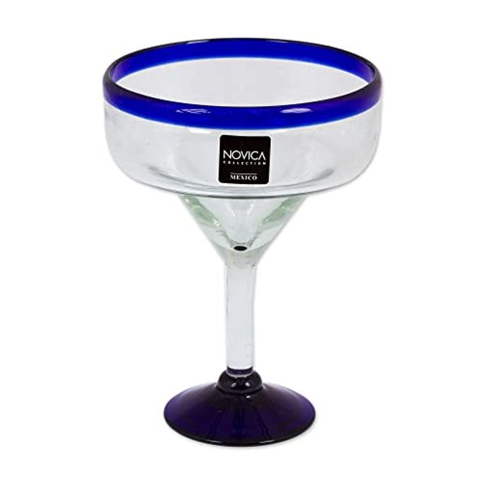 284619 CLEAR BLUE RIM GLASS ECOFRIENDLY MARGARITA GLASSES 13 OUNCES COBALT CONTRASTS SET OF 6